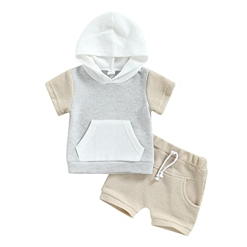 Yassiglia Sommer Bekleidungssets Für Baby Jungen Hooded T-Shirt + Shorts Sets Kleinkind Weiches Kleidung Set Neugeborene Zweiteiler Outfit (Grau Khaki, 6-12 Months) von Yassiglia