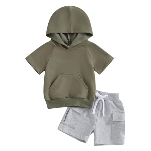 Yassiglia Sommer Bekleidungssets Für Baby Jungen Hooded T-Shirt + Shorts Sets Kleinkind Weiches Kleidung Set Neugeborene Zweiteiler Outfit (Grün Grau, 2-3 Years) von Yassiglia