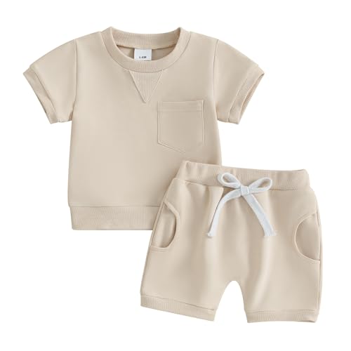 Yassiglia Sommer Bekleidungssets für Baby Jungen Kurzarm T-Shirt + Shorts Sets Kleinkind Weiches Kleidung Set Neugeborene Zweiteiler Outfit (Beige, 12-18 Months) von Yassiglia