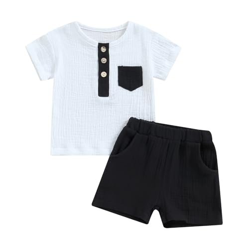 Yassiglia Sommer Bekleidungssets für Baby Jungen Musselin Zweiteiler Outfits Neugeborenen Babykleidung Set Kleinkind T-Shirt und Shorts Outfit (Schwarz, 2-3T) von Yassiglia