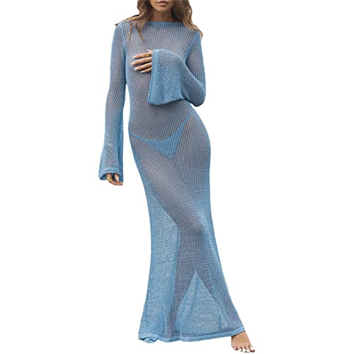 Yassiglia Sommer Häkelkleid Damen Elegant Sommerkleid Lang Strandkleid Y2K Hollow Out Maxikleid Sexy Transparent Gestrickt Kleid Bikini Cover Up (Blau, L) von Yassiglia