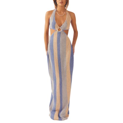 Yassiglia Sommer Häkelkleid Damen Elegant Sommerkleid Lang Strandkleid Y2K Hollow Out Maxikleid Sexy Transparent Gestrickt Kleid Bikini Cover Up (Blau Streifen, S) von Yassiglia