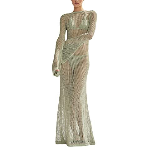 Yassiglia Sommer Häkelkleid Damen Elegant Sommerkleid Lang Strandkleid Y2K Hollow Out Maxikleid Sexy Transparent Gestrickt Kleid Bikini Cover Up (Hellgrün, L) von Yassiglia