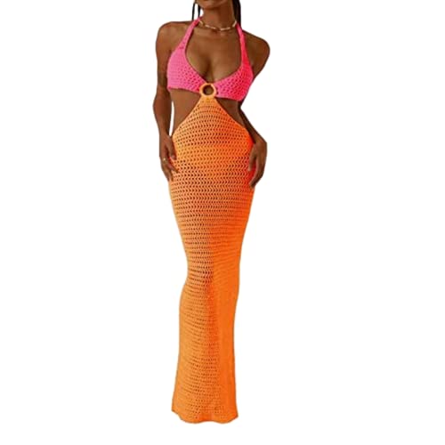 Yassiglia Sommer Häkelkleid Damen Elegant Sommerkleid Lang Strandkleid Y2K Hollow Out Maxikleid Sexy Transparent Gestrickt Kleid Bikini Cover Up (Orange Rosa, M) von Yassiglia