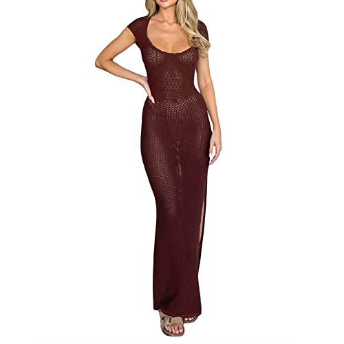 Yassiglia Sommer Häkelkleid Damen Elegant Sommerkleid Lang Strandkleid Y2K Hollow Out Maxikleid Sexy Transparent Gestrickt Kleid Bikini Cover Up (Rotbraun, S) von Yassiglia