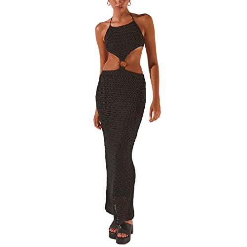 Yassiglia Sommer Häkelkleid Damen Elegant Sommerkleid Lang Strandkleid Y2K Hollow Out Maxikleid Sexy Transparent Gestrickt Kleid Bikini Cover Up (Schwarz A, S) von Yassiglia