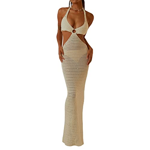 Yassiglia Sommer Häkelkleid Damen Elegant Sommerkleid Lang Strandkleid Y2K Hollow Out Maxikleid Sexy Transparent Gestrickt Kleid Bikini Cover Up (Weiß B, M) von Yassiglia