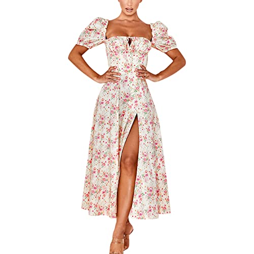 Yassiglia Sommerkleid Damen Elegant Blumenkleid Sommer Lang Boho Kleid Casual A-Linie Freizeitkleid Kordelzug Maxikleid mit Schlitz Corset Dress (Weiß Rosa D, S) von Yassiglia