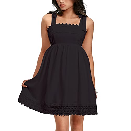 Yassiglia Sommerkleid Damen Elegant Vintage A-Linie Kleid Kurzarm Spitzenkleid Sommer Kurz Minikleid Petticoat Kleid mit Rüsche (B-schwarz, S) von Yassiglia