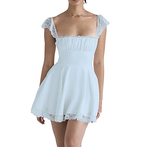 Yassiglia Sommerkleid Damen Elegant Vintage A-Linie Kleid Kurzarm Spitzenkleid Sommer Kurz Minikleid Petticoat Kleid mit Rüsche (Blau, XL) von Yassiglia