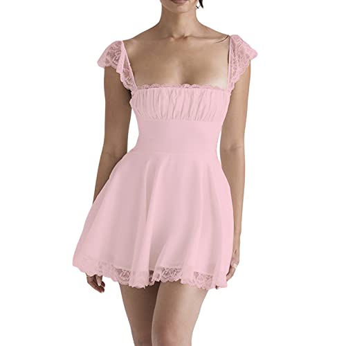 Yassiglia Sommerkleid Damen Elegant Vintage A-Linie Kleid Kurzarm Spitzenkleid Sommer Kurz Minikleid Petticoat Kleid mit Rüsche (Rosa, XL) von Yassiglia