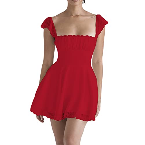 Yassiglia Sommerkleid Damen Elegant Vintage A-Linie Kleid Kurzarm Spitzenkleid Sommer Kurz Minikleid Petticoat Kleid mit Rüsche (Rot, L) von Yassiglia