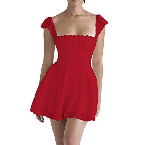 Yassiglia Sommerkleid Damen Elegant Vintage A-Linie Kleid Kurzarm Spitzenkleid Sommer Kurz Minikleid Petticoat Kleid mit Rüsche (Rot, S) von Yassiglia