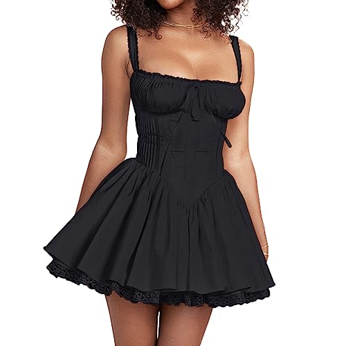 Yassiglia Sommerkleid Damen Elegant Vintage A-Linie Kleid Kurzarm Spitzenkleid Sommer Kurz Minikleid Petticoat Kleid mit Rüsche (Schwarz F, S) von Yassiglia