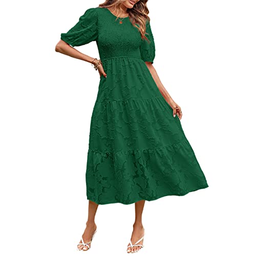 Yassiglia Sommerkleid Damen Gesmokte Kleider Kurzarm Hohe Taille Midikleid A-Linien Kleid Sommer Blumenkleid Elegant, Midi, Lang, Leicht, Festlich (Dunkel Grün, S) von Yassiglia