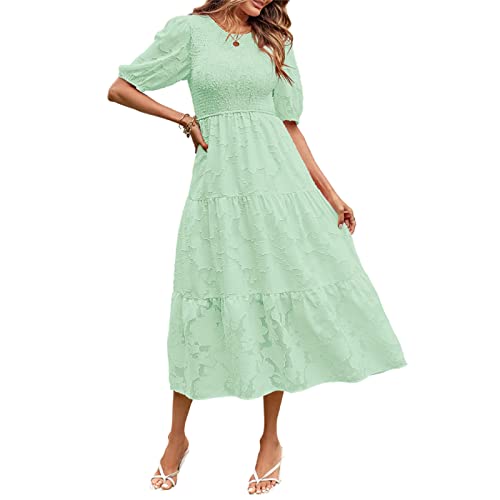 Yassiglia Sommerkleid Damen Gesmokte Kleider Kurzarm Hohe Taille Midikleid A-Linien Kleid Sommer Blumenkleid Elegant, Midi, Lang, Leicht, Festlich (Hellgrün, M) von Yassiglia