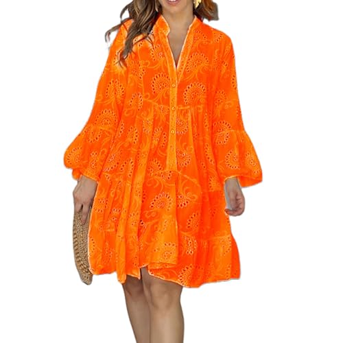 Yassiglia Sommerkleid Damen Stickerei Hemdkleid Sommer Elegant Vintage Kleider Langarm V-Ausschnitt Tunika Kleid Hollow Out Midi Kleid Für Party (Orange, x_l) von Yassiglia