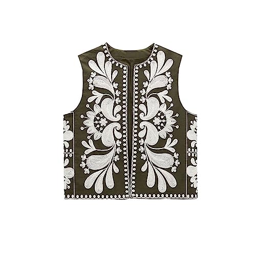 Yassiglia Sommerweste Damen Leichte Damenweste Vintage Kurze Weste Sommer Boho Oberteile Elegante Westen mit Stickerei Ärmellose Sommerjacke für Frauen (Armee Grün, L) von Yassiglia