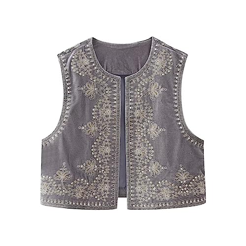 Yassiglia Sommerweste Damen Leichte Damenweste Vintage Kurze Weste Sommer Boho Oberteile Elegante Westen mit Stickerei Ärmellose Sommerjacke für Frauen (Grau, L) von Yassiglia