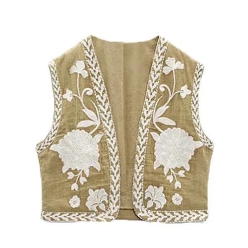 Yassiglia Sommerweste Damen Leichte Damenweste Vintage Kurze Weste Sommer Boho Oberteile Elegante Westen mit Stickerei Ärmellose Sommerjacke für Frauen (Khaki, M) von Yassiglia