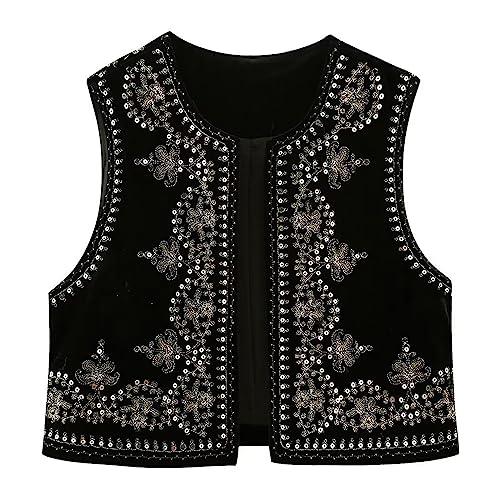 Yassiglia Sommerweste Damen Leichte Damenweste Vintage Kurze Weste Sommer Boho Oberteile Elegante Westen mit Stickerei Ärmellose Sommerjacke für Frauen (Schwarz B, M) von Yassiglia