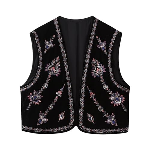 Yassiglia Sommerweste Damen Leichte Damenweste Vintage Kurze Weste Sommer Boho Oberteile Elegante Westen mit Stickerei Ärmellose Sommerjacke für Frauen (Schwarz C, L) von Yassiglia