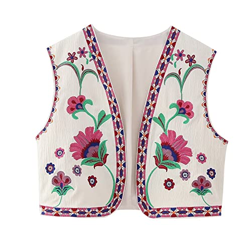 Yassiglia Sommerweste Damen Leichte Damenweste Vintage Kurze Weste Sommer Boho Oberteile Elegante Westen mit Stickerei Ärmellose Sommerjacke für Frauen (Weiß Rosa, M) von Yassiglia