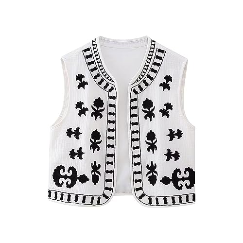 Yassiglia Sommerweste Damen Leichte Damenweste Vintage Kurze Weste Sommer Boho Oberteile Elegante Westen mit Stickerei Ärmellose Sommerjacke für Frauen (Weiß Schwarz, L) von Yassiglia