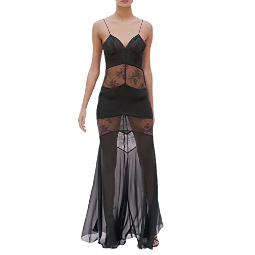 Yassiglia Spitzenkleid Damen Sommer Kleid Mit Schlitz Mesh Maxikleid Bikini Cover Up Strandkleid Sommerkleid Lang, Durchsichtig, Elegant, Sexy, Leicht (Schwarz J, M) von Yassiglia