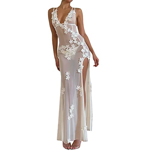 Yassiglia Spitzenkleid Damen Sommer Kleid Mit Schlitz Mesh Maxikleid Bikini Cover Up Strandkleid Sommerkleid Lang, Durchsichtig, Elegant, Sexy, Leicht (Weiß, L) von Yassiglia