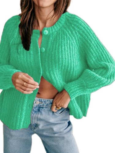Yassiglia Strickjacke Damen Kurz Cardigan Frühling Elegant Jacke Y2k Strick Top Lässig Chunky Strickmäntel Grobstrick Pullover mit Knöpfe (Grün, S) von Yassiglia