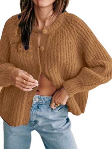 Yassiglia Strickjacke Damen Kurz Cardigan Frühling Elegant Jacke Y2k Strick Top Lässig Chunky Strickmäntel Grobstrick Pullover mit Knöpfe (Khaki, L) von Yassiglia