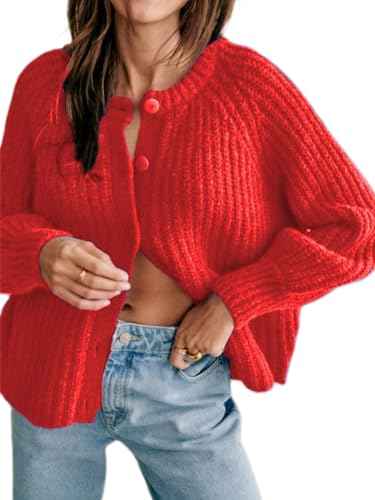 Yassiglia Strickjacke Damen Kurz Cardigan Frühling Elegant Jacke Y2k Strick Top Lässig Chunky Strickmäntel Grobstrick Pullover mit Knöpfe (Rot, M) von Yassiglia
