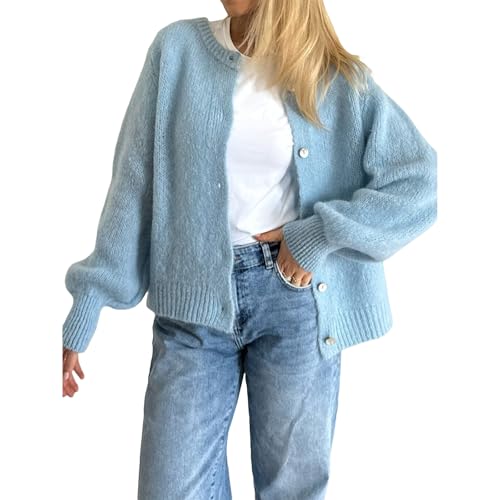 Yassiglia Strickjacke Damen Kurz Cardigan Herbst Elegant Übergang Jacke Vorne Offen Strickpullover Langarm Strickweste Y2k Strick Top für Teenager Mädchen (Blau, L) von Yassiglia