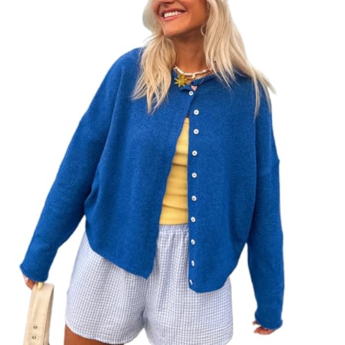 Yassiglia Strickjacke Damen Kurz Cardigan Herbst Elegant Übergang Jacke Vorne Offen Strickpullover Langarm Strickweste Y2k Strick Top für Teenager Mädchen (Dunkel Blau, L) von Yassiglia