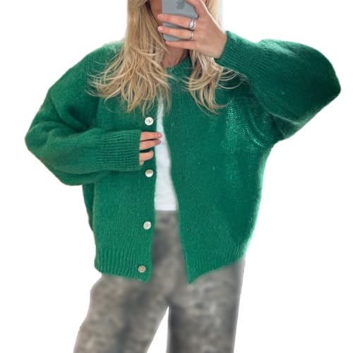 Yassiglia Strickjacke Damen Kurz Cardigan Herbst Elegant Übergang Jacke Vorne Offen Strickpullover Langarm Strickweste Y2k Strick Top für Teenager Mädchen (Dunkel Grün, L) von Yassiglia