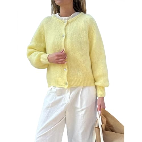 Yassiglia Strickjacke Damen Kurz Cardigan Herbst Elegant Übergang Jacke Vorne Offen Strickpullover Langarm Strickweste Y2k Strick Top für Teenager Mädchen (Gelb, L) von Yassiglia