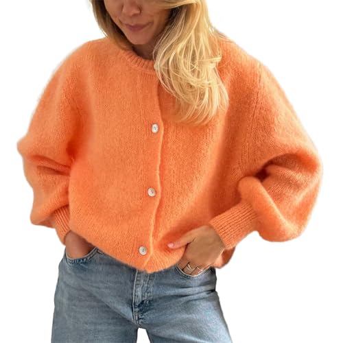 Yassiglia Strickjacke Damen Kurz Cardigan Herbst Elegant Übergang Jacke Vorne Offen Strickpullover Langarm Strickweste Y2k Strick Top für Teenager Mädchen (Orange, S) von Yassiglia