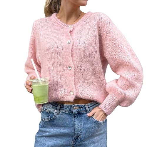 Yassiglia Strickjacke Damen Kurz Cardigan Herbst Elegant Übergang Jacke Vorne Offen Strickpullover Langarm Strickweste Y2k Strick Top für Teenager Mädchen (Rosa, XL) von Yassiglia
