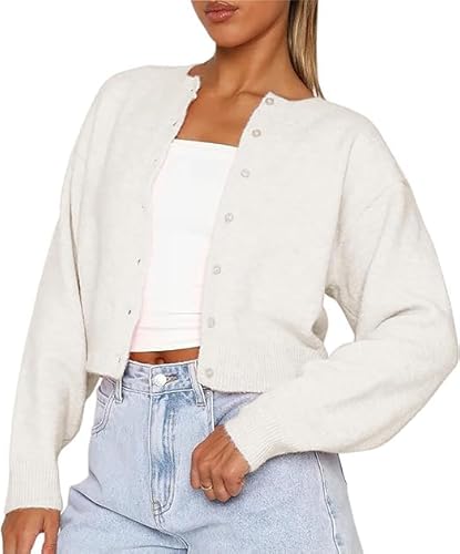 Yassiglia Strickjacke Damen Kurz Langarm Strickweste Frühling Sommer Leicht Cardigan Elegant Button Down Strickpullover Y2k Strick Top (Weiß, M) von Yassiglia