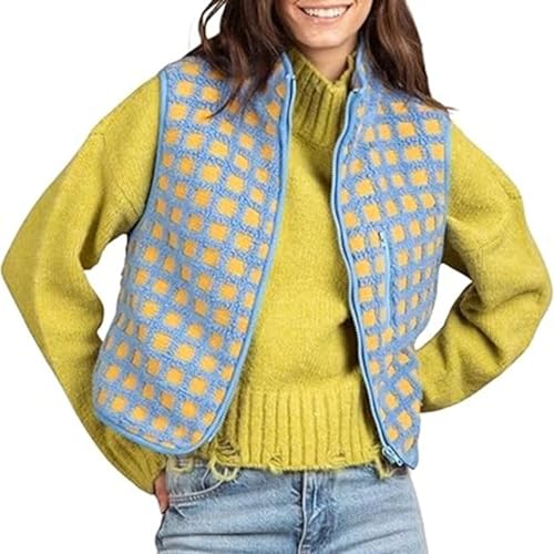 Yassiglia Teddy Weste Damen Y2k Karierte Fleeceweste Stehkragen Zip Up Westen Ärmellose Teddyfleece Jacke Casual Damenweste Elegant, Flauschig, Leicht, Warm (Blau, L) von Yassiglia