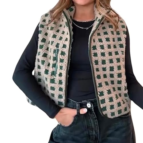 Yassiglia Teddy Weste Damen Y2k Karierte Fleeceweste Stehkragen Zip Up Westen Ärmellose Teddyfleece Jacke Casual Damenweste Elegant, Flauschig, Leicht, Warm (Grün, XL) von Yassiglia