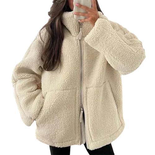 Yassiglia Teddyjacke Damen Langarm Stehkragen Teddy Fleecejacke Elegante Warme Winterjacke Flauschig kuschelig Plüschjacke Herbst Winter Zip Up Jacke mit Tasche (Beige, L) von Yassiglia