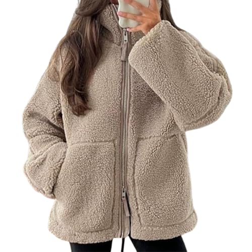 Yassiglia Teddyjacke Damen Langarm Stehkragen Teddy Fleecejacke Elegante Warme Winterjacke Flauschig kuschelig Plüschjacke Herbst Winter Zip Up Jacke mit Tasche (Braun, M) von Yassiglia