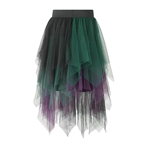 Yassiglia Tüllrock Damen Elegant Midi Rock Elastische Taille Kontrast Farbe Tüll Rock Knielang Tutu Röcke Asymmetrisch A-Linie Stufenrock (Lila Grün Schwarz, One Size) von Yassiglia