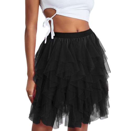 Yassiglia Tüllrock Damen Karneval Kurz Minirock Elegant Mehrschichtig Tütü Rock High Waist A-Linie Mesh Rock Unregelmäßig Petticoat Unterrock (Schwarz, ONE Size) von Yassiglia
