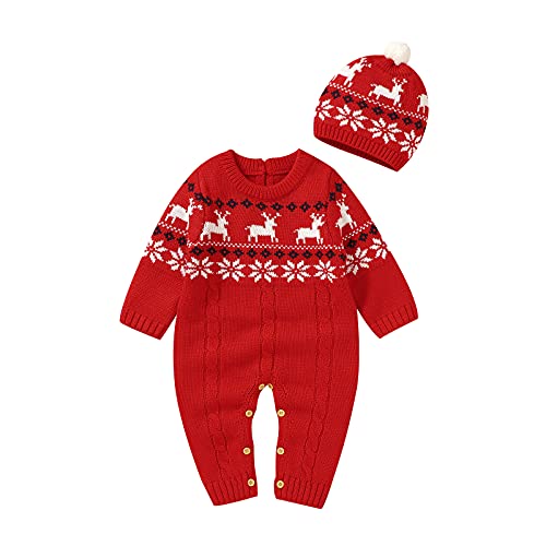 Yassiglia Unisex Baby Weihnachtsoutfit Mädchen Junge Langarm Gestrickte Strampler Overall Winter Baby Weihnachten Schlafanzug Neugeborene Jumpsuit mit Mütze (Rot Hirsch, 12-18 Months) von Yassiglia