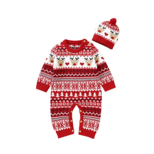 Yassiglia Unisex Baby Weihnachtsoutfit Mädchen Junge Langarm Gestrickte Strampler Overall Winter Baby Weihnachten Schlafanzug Neugeborene Jumpsuit mit Mütze (Rot Streifen, 6-9 Months) von Yassiglia