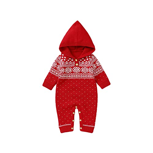 Yassiglia Unisex Baby Weihnachtsoutfit Mädchen Junge Langarm Gestrickte Strampler Overall Winter Baby Weihnachten Schlafanzug Neugeborene Jumpsuit mit Mütze (Rot mit Kapuze, 0-3 Months) von Yassiglia