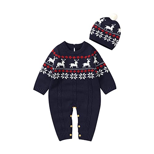 Yassiglia Unisex Baby Weihnachtsoutfit Mädchen Junge Langarm Gestrickte Strampler Overall Winter Baby Weihnachten Schlafanzug Neugeborene Jumpsuit mit Mütze (Royalblau Hirsch, 3-6 Months) von Yassiglia